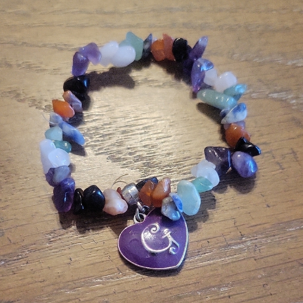 Colorful Gemstone Bracelet with Heart Charm with G on each side size Sm